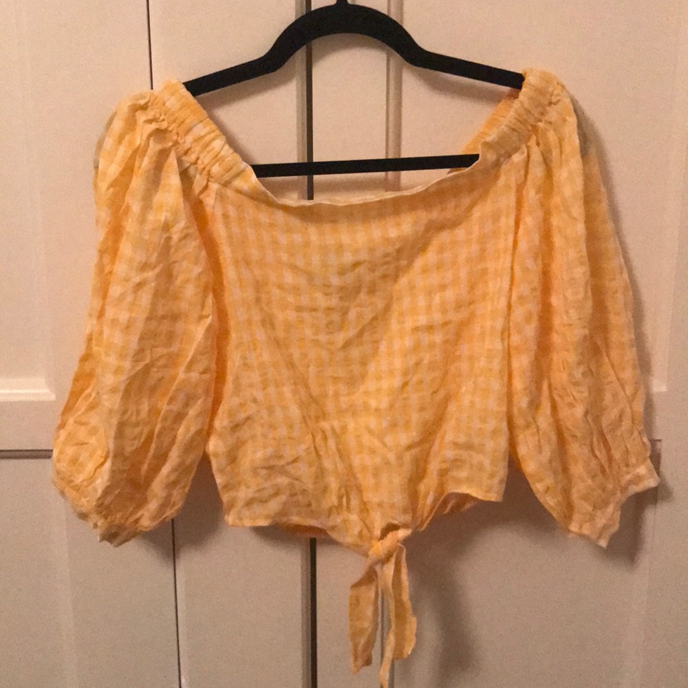Yellow gingham off-shoulder top
